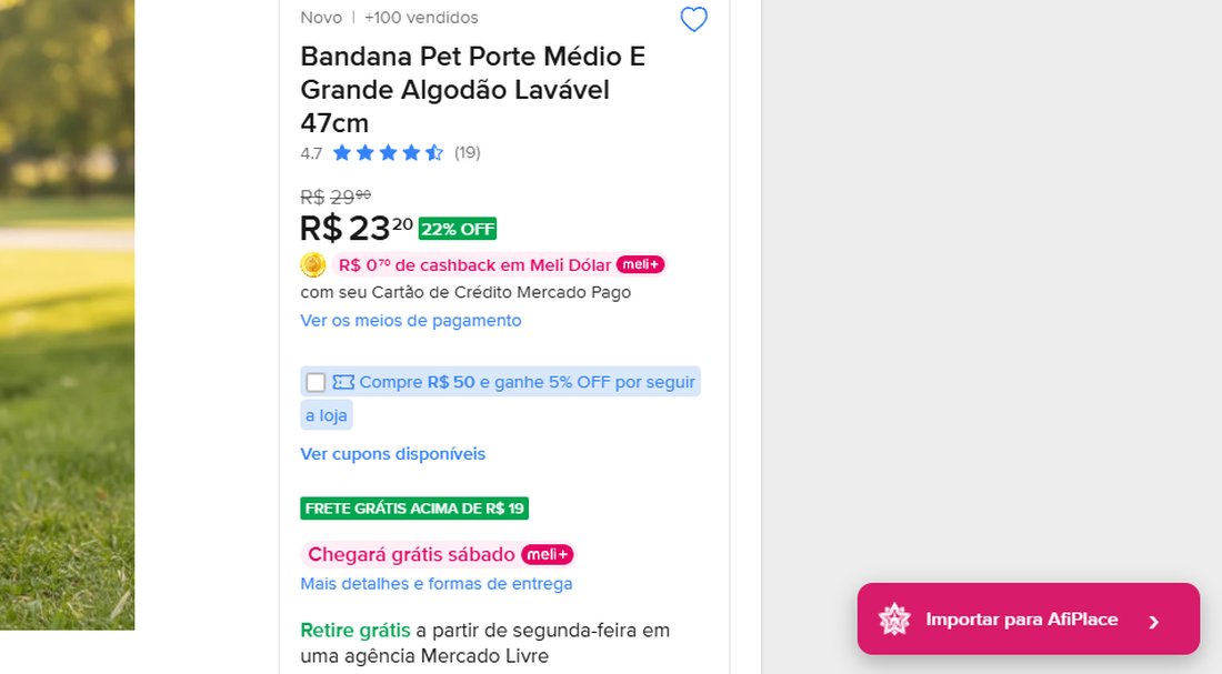 Página de produto do Mercado Livre com o botão Importar para Afiplace no canto inferior direito