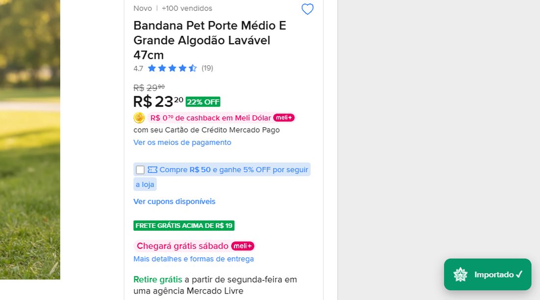 A mesma página com o botão confirmando Importado