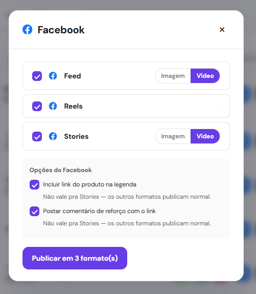 Modal do Facebook com Feed, Reels e Stories e escolha de imagem ou vídeo