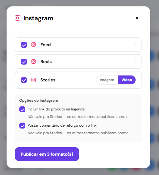 Modal do Instagram com Feed, Reels e Stories marcados e opção imagem ou vídeo