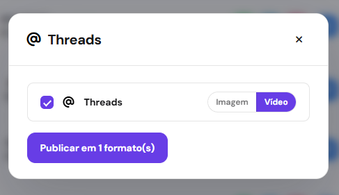 Modal do Threads com um formato e escolha de imagem ou vídeo