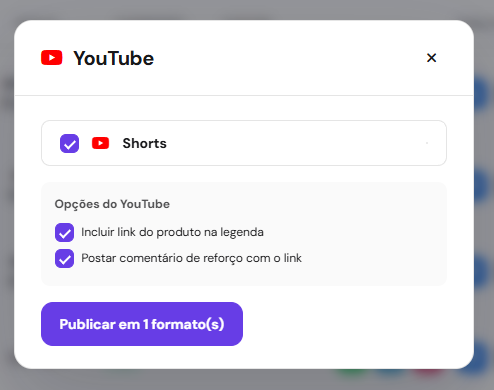 Modal do YouTube com Shorts marcado e opções de link e comentário